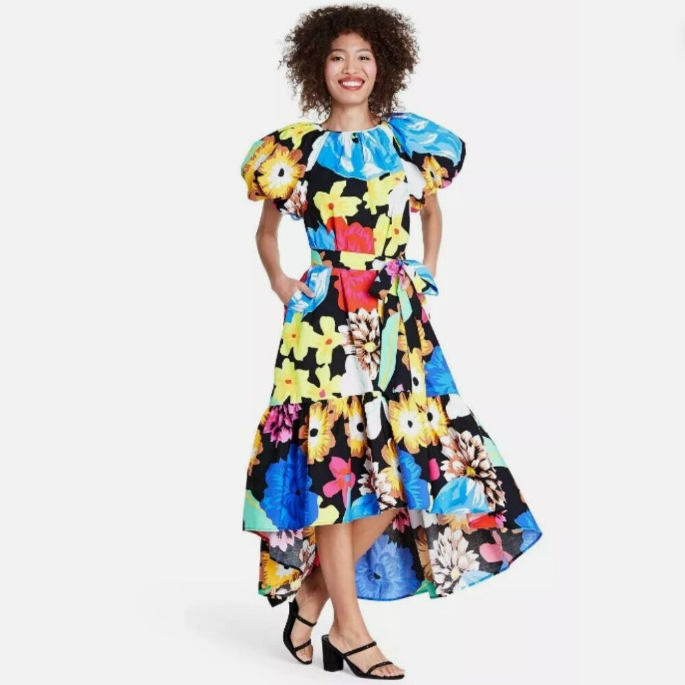 Christopher John Roger Floral Fiesta‎ Puff Sleeve High Low Maxi Dress Size S
